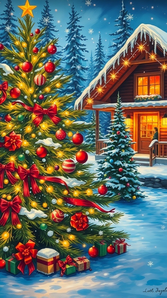 A colorful Christmas painting with a decorated tree, cabin, and falling snowflakes.